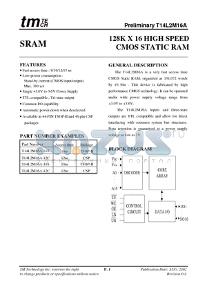 T14L2M16A-10S datasheet - 128K X 16 HIGH SPEED CMOS STATIC RA