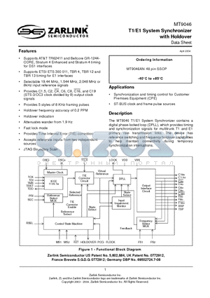 MT9046AN datasheet - T1/E1 System Synchronizer with Holdover