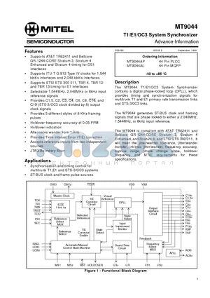 MT9044AP datasheet - T1/E1/OC3 System Synchronizer
