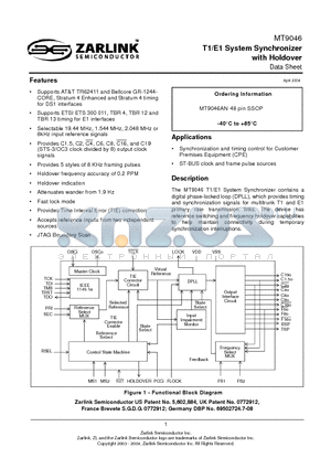 MT9046 datasheet - T1/E1 System Synchronizer with Holdover