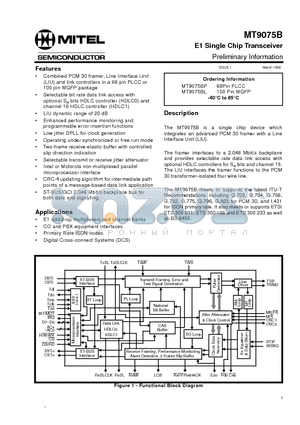 MT9075B datasheet - E1 Single Chip Transceiver