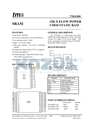 T15L256A datasheet - 32K X 8 LOW POWER CMOS STATIC RAM
