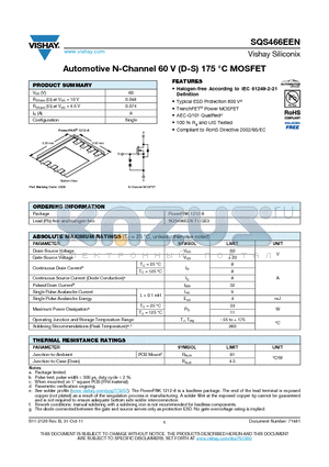 SQS466EEN datasheet - Automotive N-Channel 60 V (D-S) 175 `C MOSFET