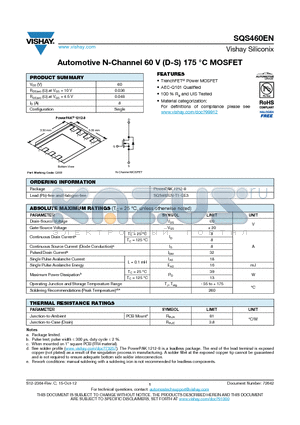 SQS460EN datasheet - Automotive N-Channel 60 V (D-S) 175 `C MOSFET
