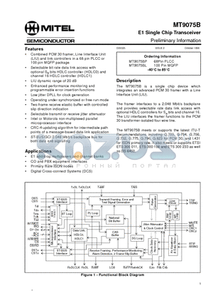 MT9075B-1 datasheet - E1 Single Chip Transceiver