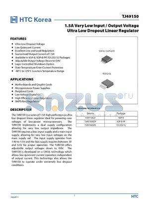 TJ49150 datasheet - 1.5A Very Low Input / Output Voltage Ultra Low Dropout Linear Regulator