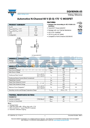 SQV90N06-05 datasheet - Automotive N-Channel 60 V (D-S) 175 `C MOSFET