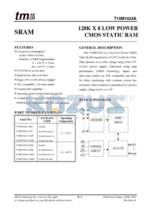 T15M1024A-100N datasheet - 128K X 8 LOW POWER CMOS STATIC RAM