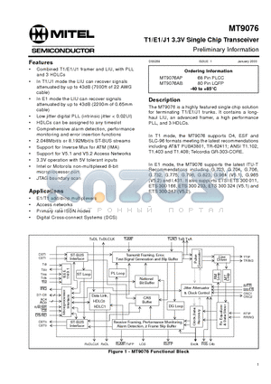 MT9076AP datasheet - T1/E1/J1 3.3V Single Chip Transceiver