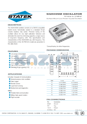 SQXO2SM datasheet - Surface Mount Low Power Crystal Oscillator