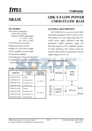 T15M1024A-70H datasheet - 128K X 8 LOW POWER CMOS STATIC RAM