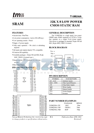 T15M256A datasheet - 32K X 8 LOW POWER CMOS STATIC RAM