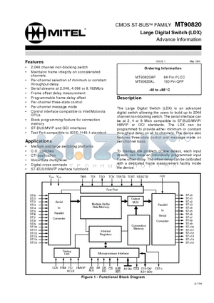 MT90820AP datasheet - CMOS ST-BUS FAMILY Large Digital Switch (LDX)