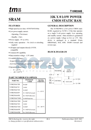 T15M256B-70NI datasheet - 32K X 8 LOW POWER CMOS STATIC RAM