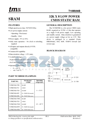 T15M256B-85RI datasheet - 32K X 8 LOW POWER CMOS STATIC RAM