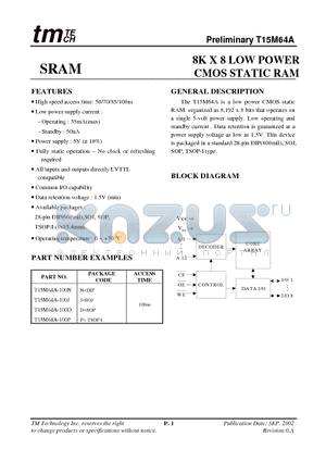 T15M64A datasheet - 8K X 8 LOW POWER CMOS STATIC RAM