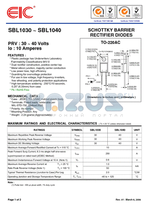 SBL1040 datasheet - SCHOTTKY BARRIER RECTIFIER DIODES