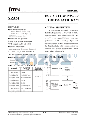 T15N1024A-100P datasheet - 128K X 8 LOW POWER CMOS STATIC RAM