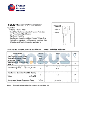 SBL1040 datasheet - SCHOTTKY BARRIER RECTIFIER