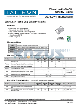 TSCD022WT datasheet - 200mA Low Profile Chip Schottky Rectifier