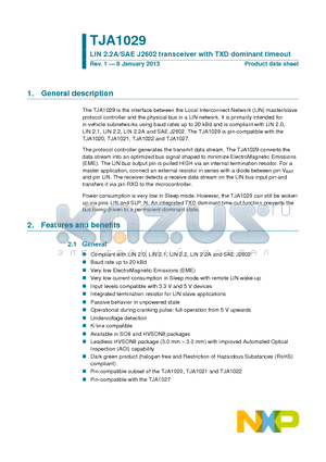 TJA1029T datasheet - LIN 2.2A/SAE J2602 transceiver with TXD dominant timeout