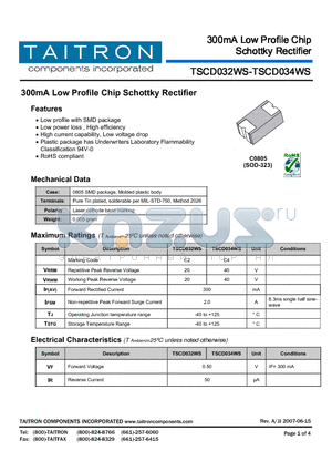 TSCD032WS datasheet - 300mA Low Profile Chip Schottky Rectifier