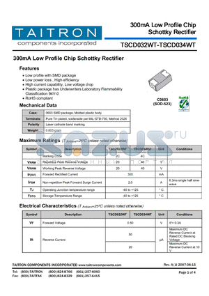 TSCD032WT datasheet - 300mA Low Profile Chip Schottky Rectifier