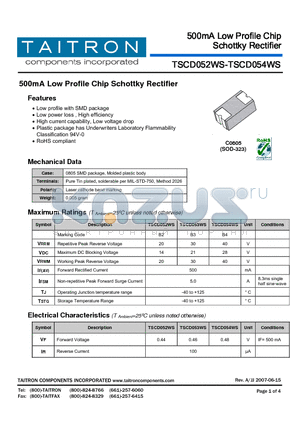 TSCD052WS datasheet - 500mA Low Profile Chip Schottky Rectifier