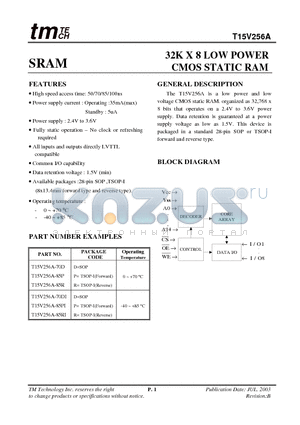 T15V256A-70D datasheet - 32K X 8 LOW POWER CMOS STATIC RAM