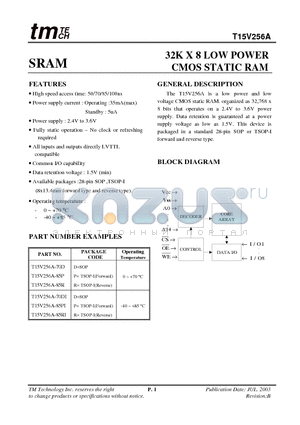 T15V256A-85P datasheet - 32K X 8 LOW POWER CMOS STATIC RAM