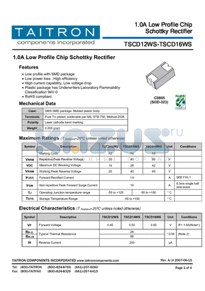 TSCD16WS datasheet - 1.0A Low Profile Chip Schottky Rectifier