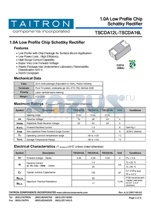 TSCDA14L datasheet - 1.0A Low Profile Chip Schottky Rectifier