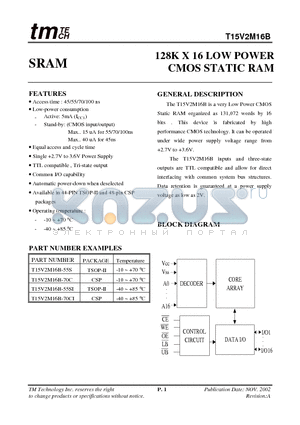 T15V2M16B-55S datasheet - 128K X 16 LOW POWER CMOS STATIC RAM