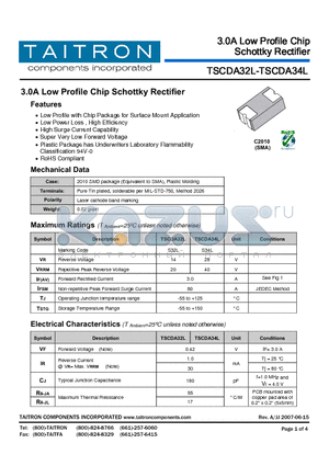 TSCDA32L datasheet - 3.0A Low Profile Chip Schottky Rectifier