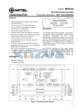 MT9122AE datasheet - CMOS Dual Voice Echo Canceller with Tone Detection