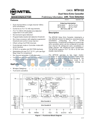 MT9122AP datasheet - CMOS Dual Voice Echo Canceller with Tone Detection