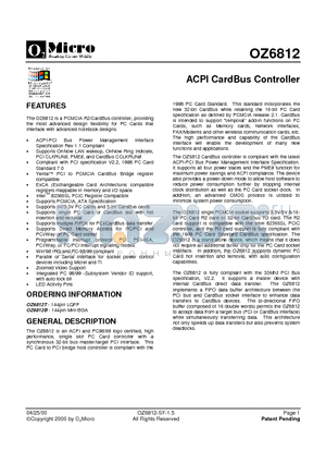 OZ6812T datasheet - ACPI CardBus Controller