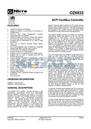 OZ6833B datasheet - ACPI CardBus Controller