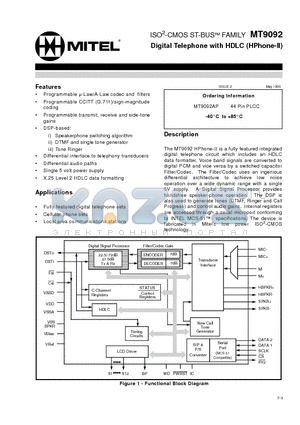 MT9092 datasheet - ISO2-CMOS ST-BUS FAMILY Digital Telephone with HDLC (HPhone-II)