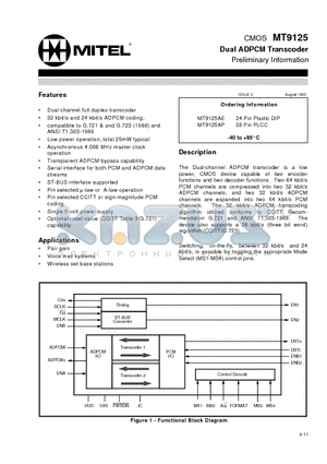 MT9125AE datasheet - CMOS Dual ADPCM Transcoder