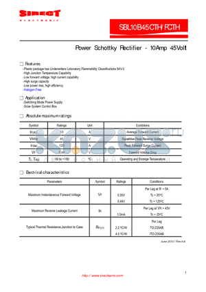 SBL10B45CTH datasheet - Power Schottky Rectifier - 10Amp 45Volt