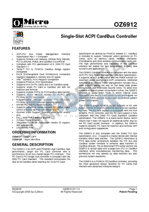 OZ6912 datasheet - Single-Slot ACPI CardBus Controller