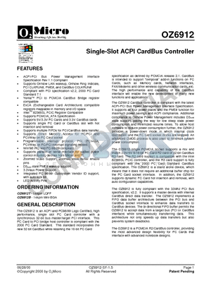 OZ6912T datasheet - Single-Slot ACPI CardBus Controller