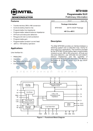 MT91600 datasheet - Programmable SLIC