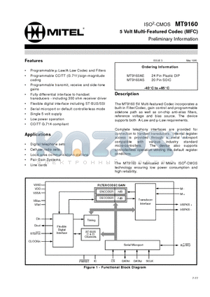MT9160AE datasheet - ISO2-CMOS 5 Volt Multi-Featured Codec (MFC)