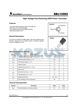 SBL13003 datasheet - High Voltage Fast-Switching NPN Power Transistor