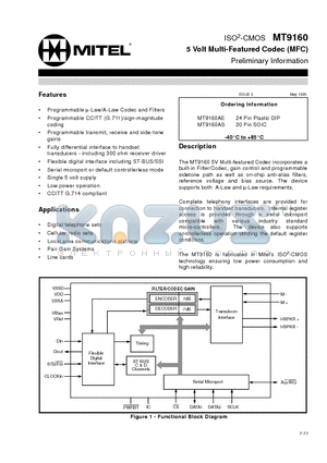 MT9160AS datasheet - ISO2-CMOS 5 Volt Multi-Featured Codec (MFC)