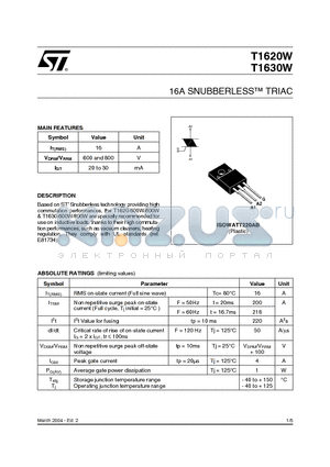 T1620W_04 datasheet - 16A SNUBBERLESS TRIAC