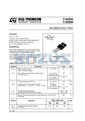 T1630 datasheet - SNUBBERLESS TRIAC