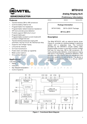 MT91610AQ datasheet - Analog Ringing SLIC